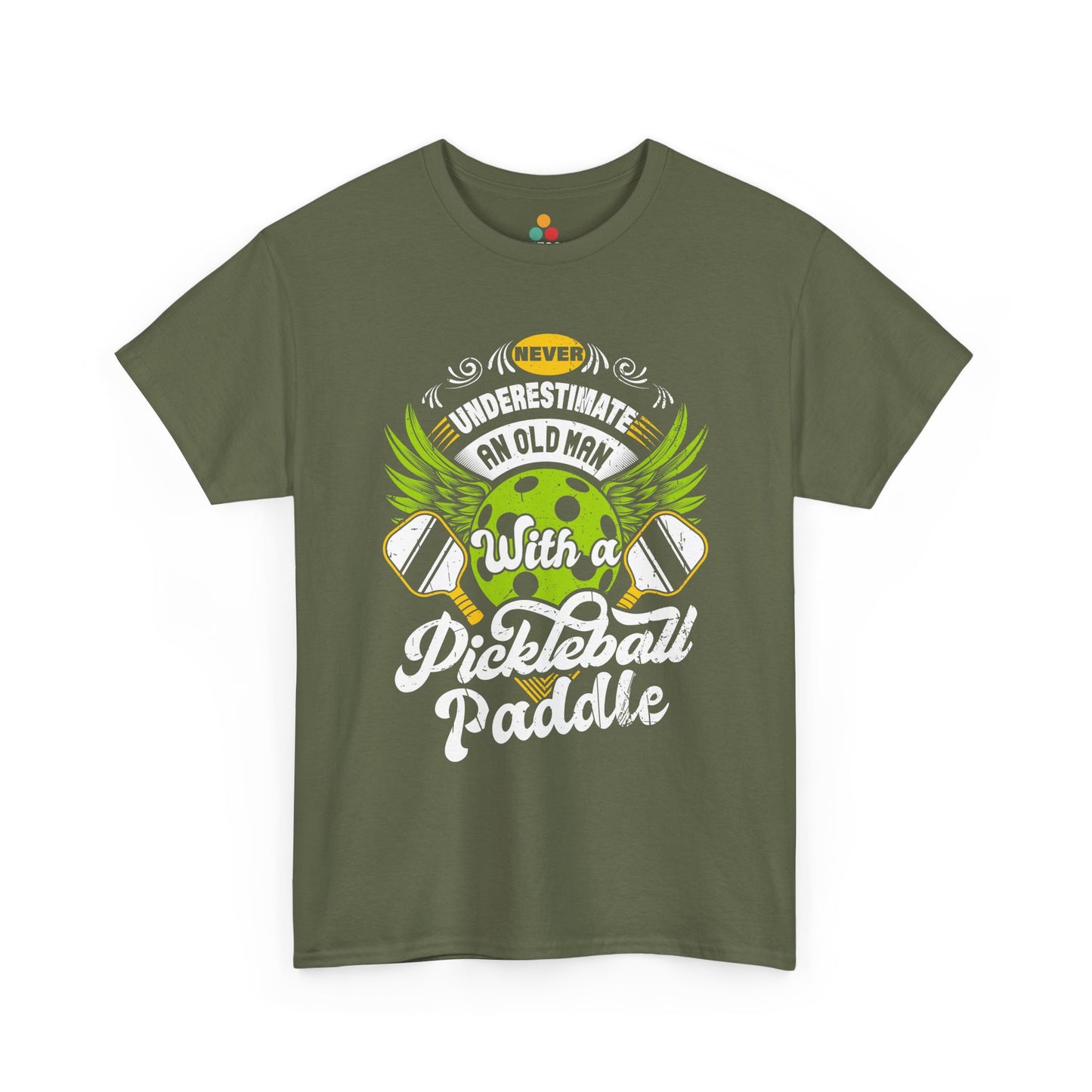 “Teezoca olive green Never Underestimate an Old Man with a Pickleball Paddle shirt, bold winged pickleball design, funny pickleball dad tee, front.”

