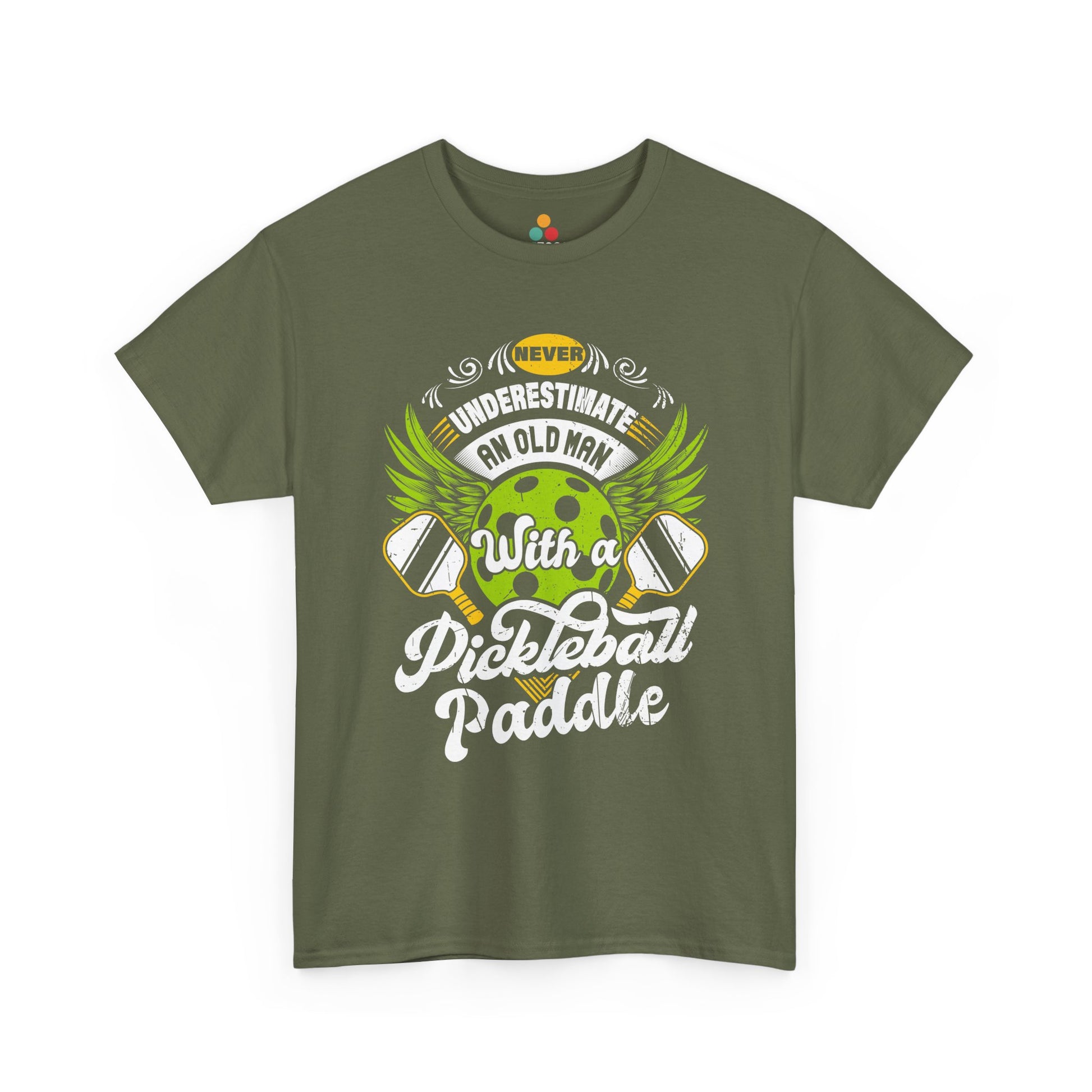“Teezoca olive green Never Underestimate an Old Man with a Pickleball Paddle shirt, bold winged pickleball design, funny pickleball dad tee, front.”

