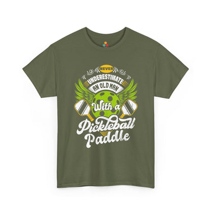 “Teezoca olive green Never Underestimate an Old Man with a Pickleball Paddle shirt, bold winged pickleball design, funny pickleball dad tee, front.”

