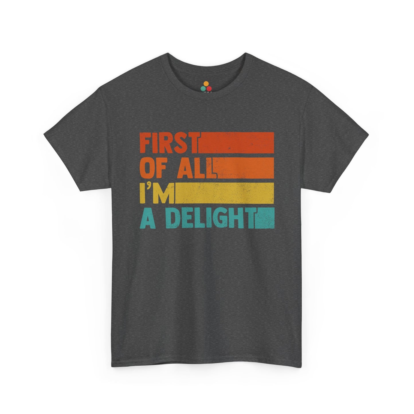 “Dark heather gray ‘First Of All I’m A Delight’ tee with colorful stripes, flat display.”

