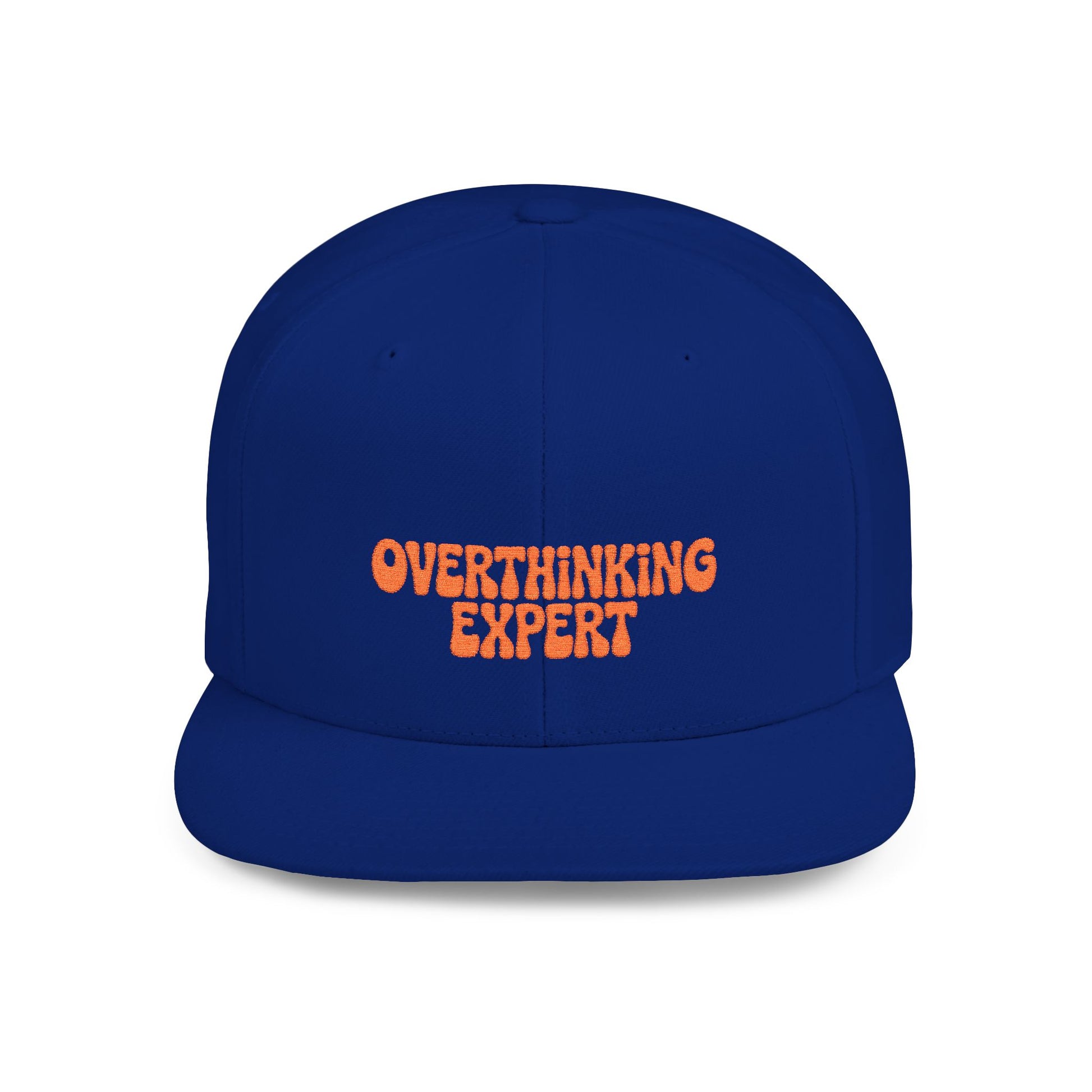 Blue cap with 'Overthinking Expert' text in orange on a white background