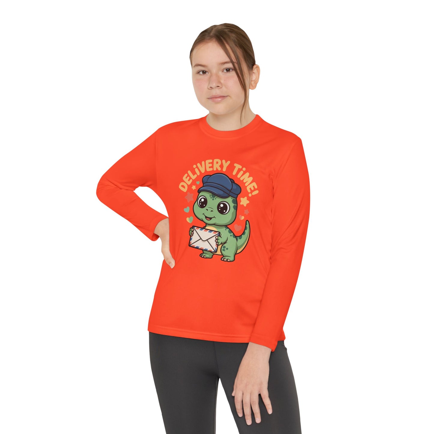 Youth Long Sleeve Tee — Cute Dino 'Delivery Time!' Mail Carrier Shirt TEEZOCA