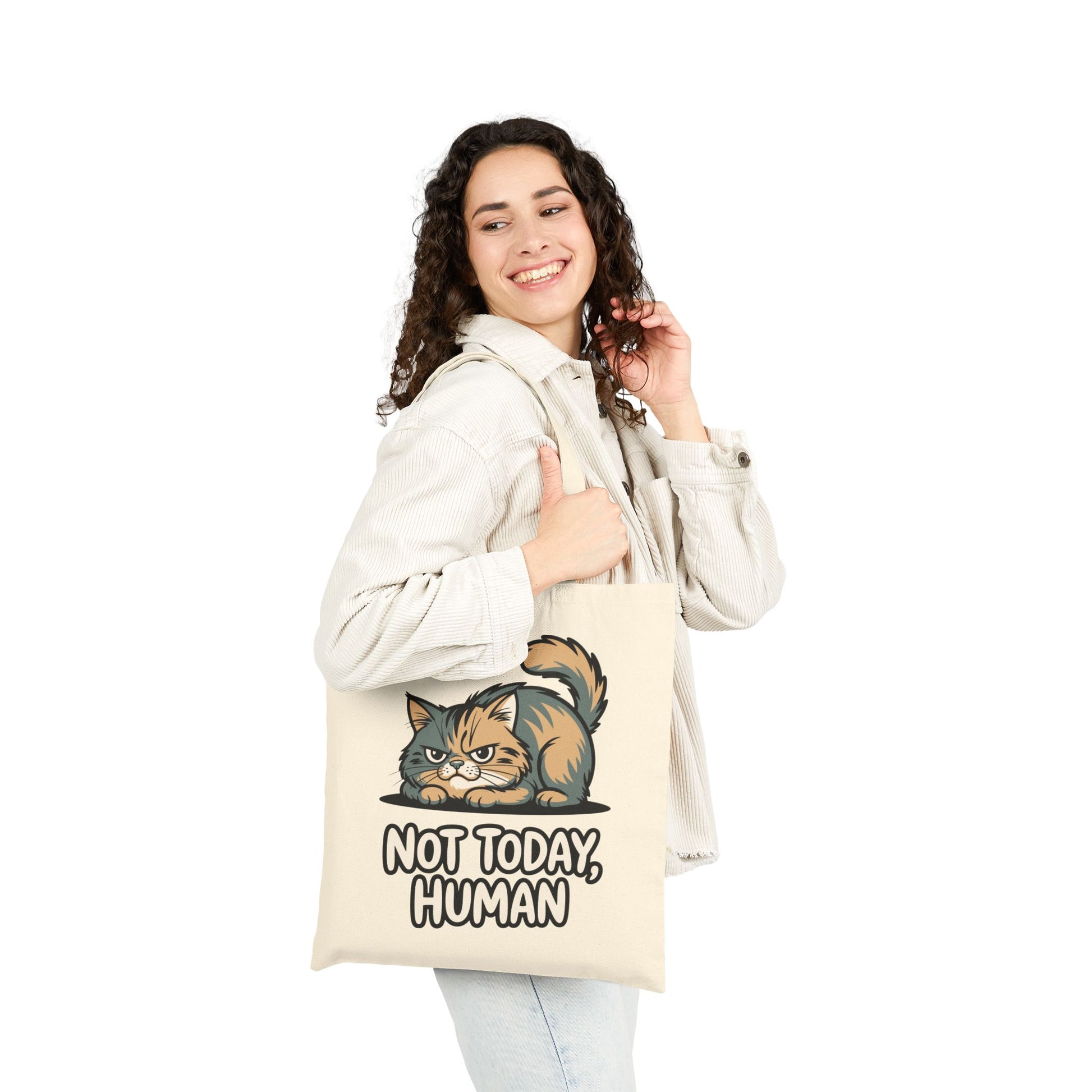 Funny sarcastic cat design reading Not Today Human on a TEEZOCA tote bag
