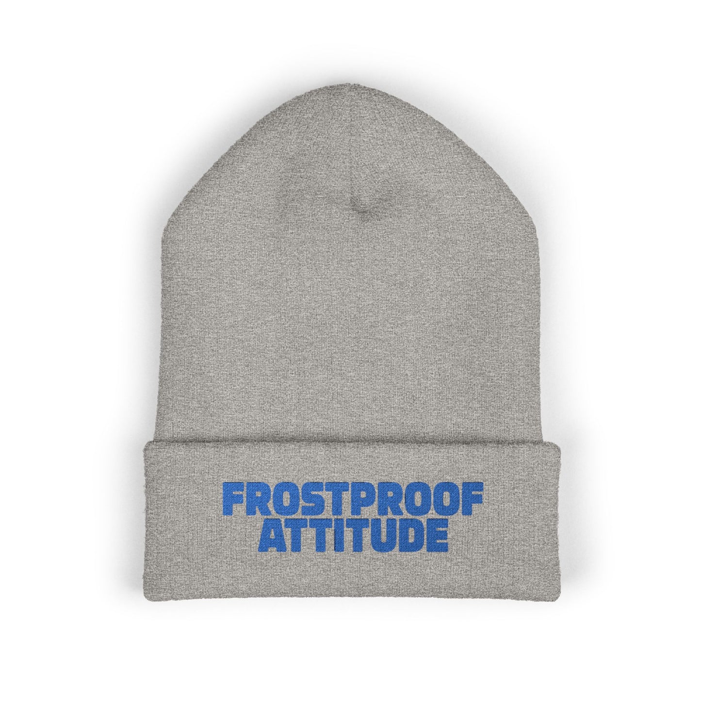 Gray beanie with 'Frostproof Attitude' text in blue on a white background