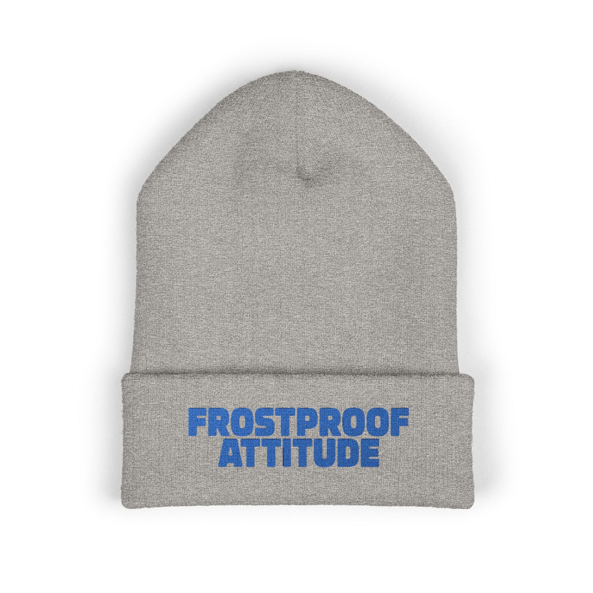 Gray beanie with 'Frostproof Attitude' text in blue on a white background
