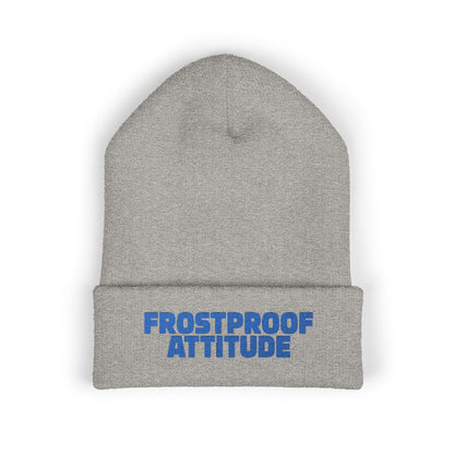 Gray beanie with 'Frostproof Attitude' text in blue on a white background