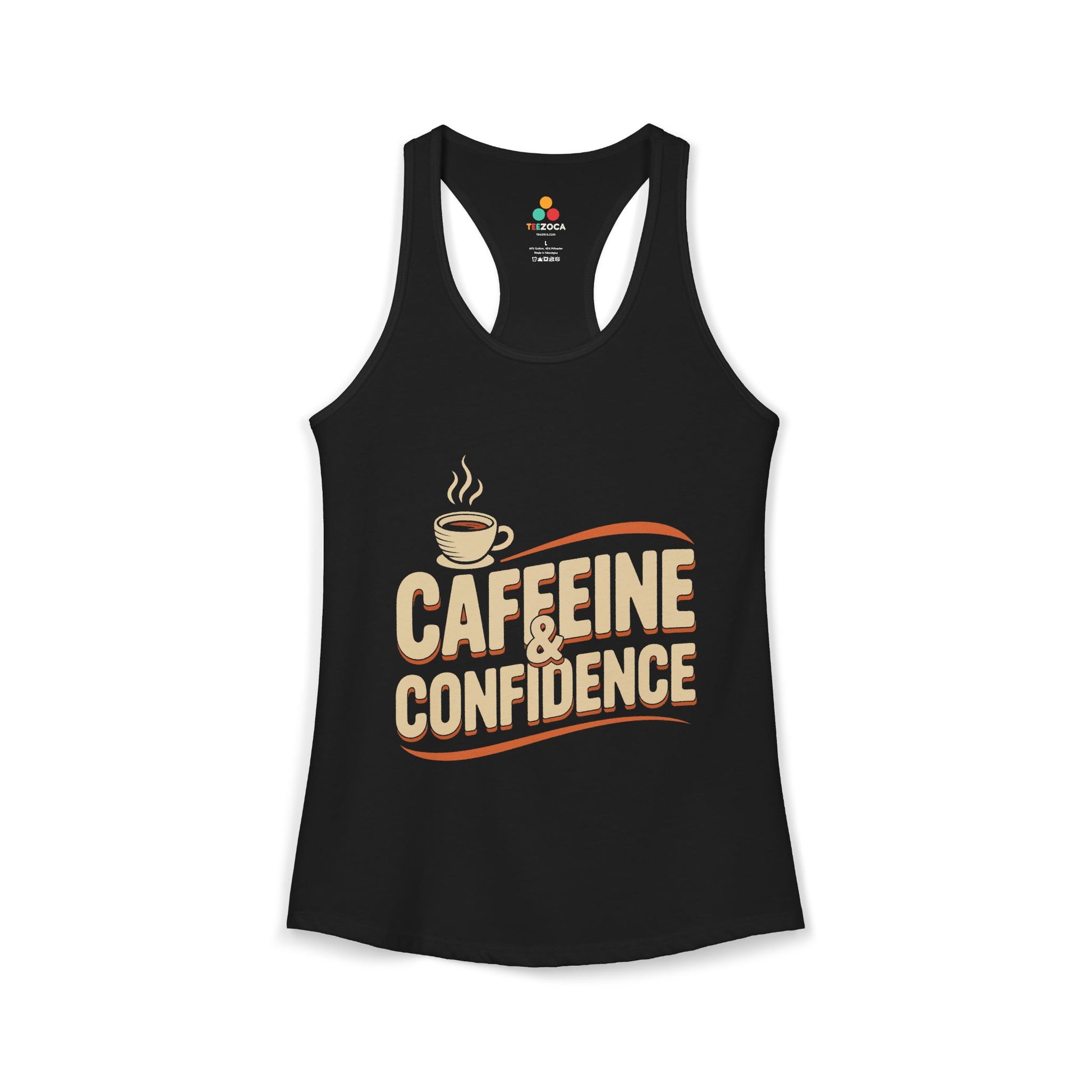 Black tank top with 'Caffeine & Confidence' text and coffee cup graphic on a white background. TEEZOCA women’s coffee tank top with “Caffeine & Confidence” typography and coffee cup design