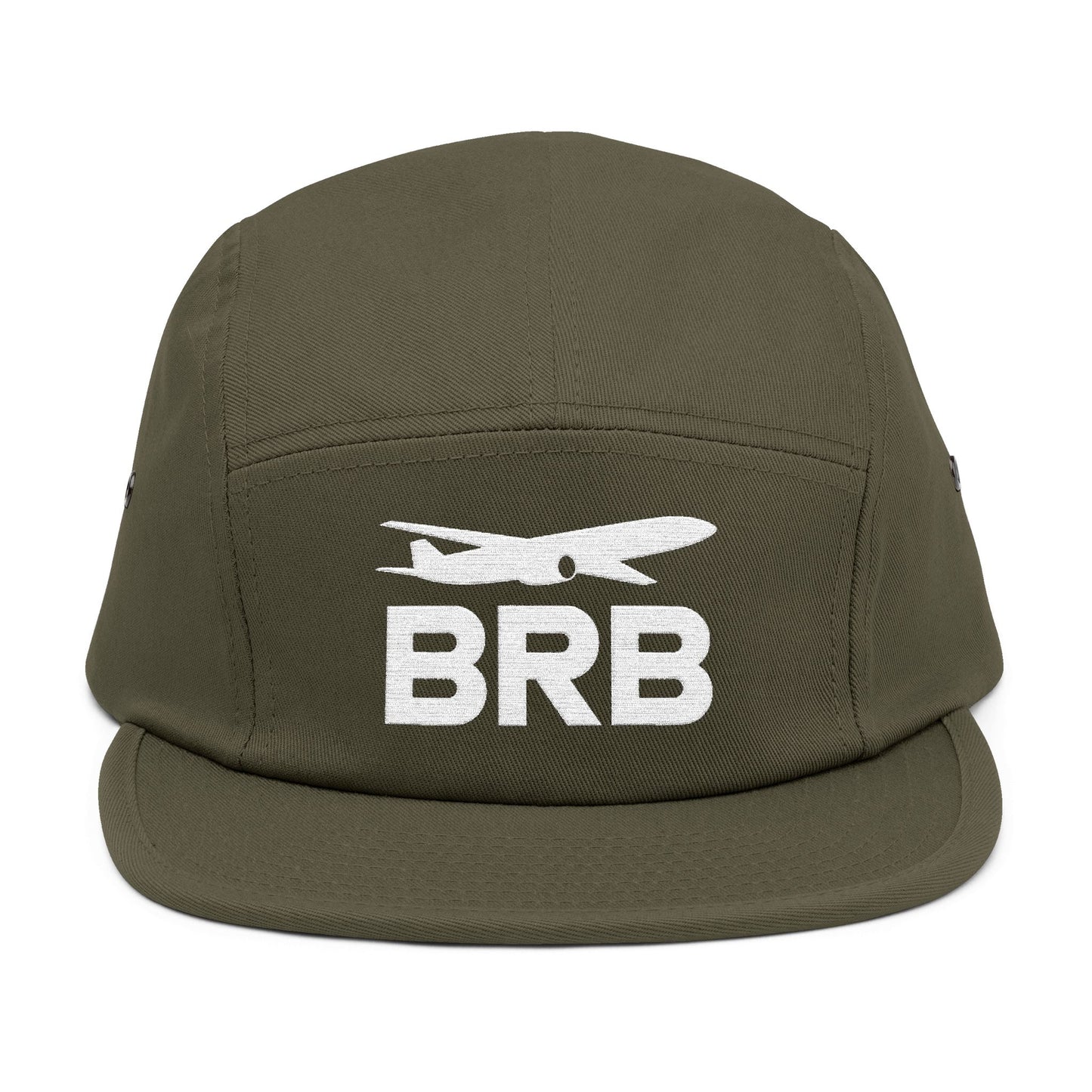 Green cap with 'BRB' and airplane icon on a white background. Minimalist BRB airplane embroidered design for 5-panel cap by TEEZOCA