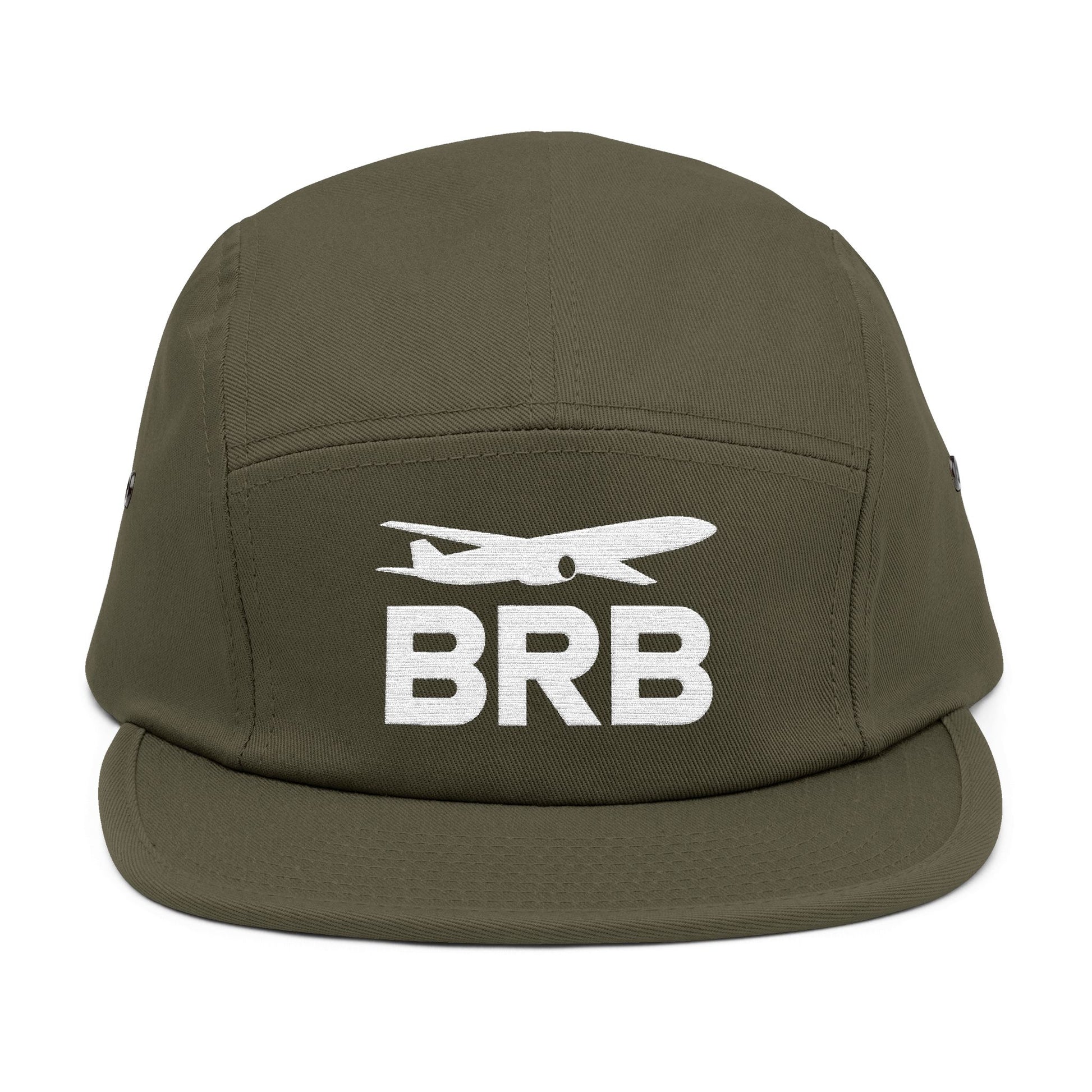 Green cap with 'BRB' and airplane icon on a white background. Minimalist BRB airplane embroidered design for 5-panel cap by TEEZOCA