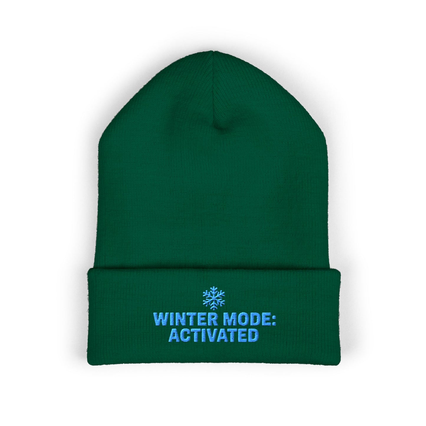 Green beanie with 'Winter Mode: Activated' text on a white background. Blue snowflake winter beanie with ‘Winter Mode Activated’ text embroidery