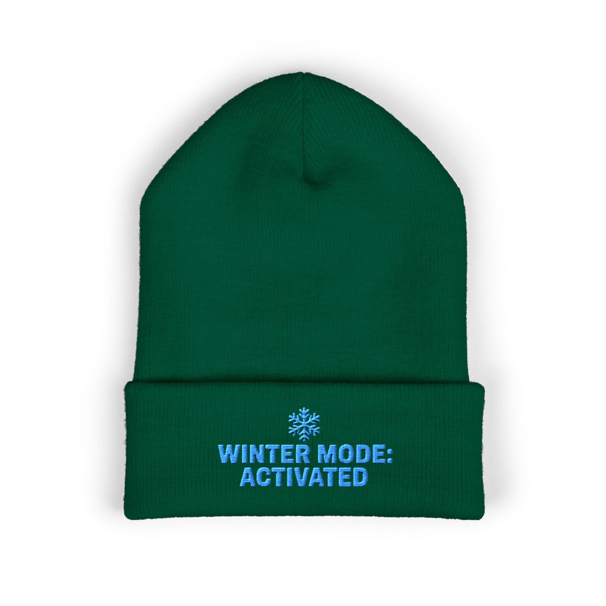Green beanie with 'Winter Mode: Activated' text on a white background. Blue snowflake winter beanie with ‘Winter Mode Activated’ text embroidery