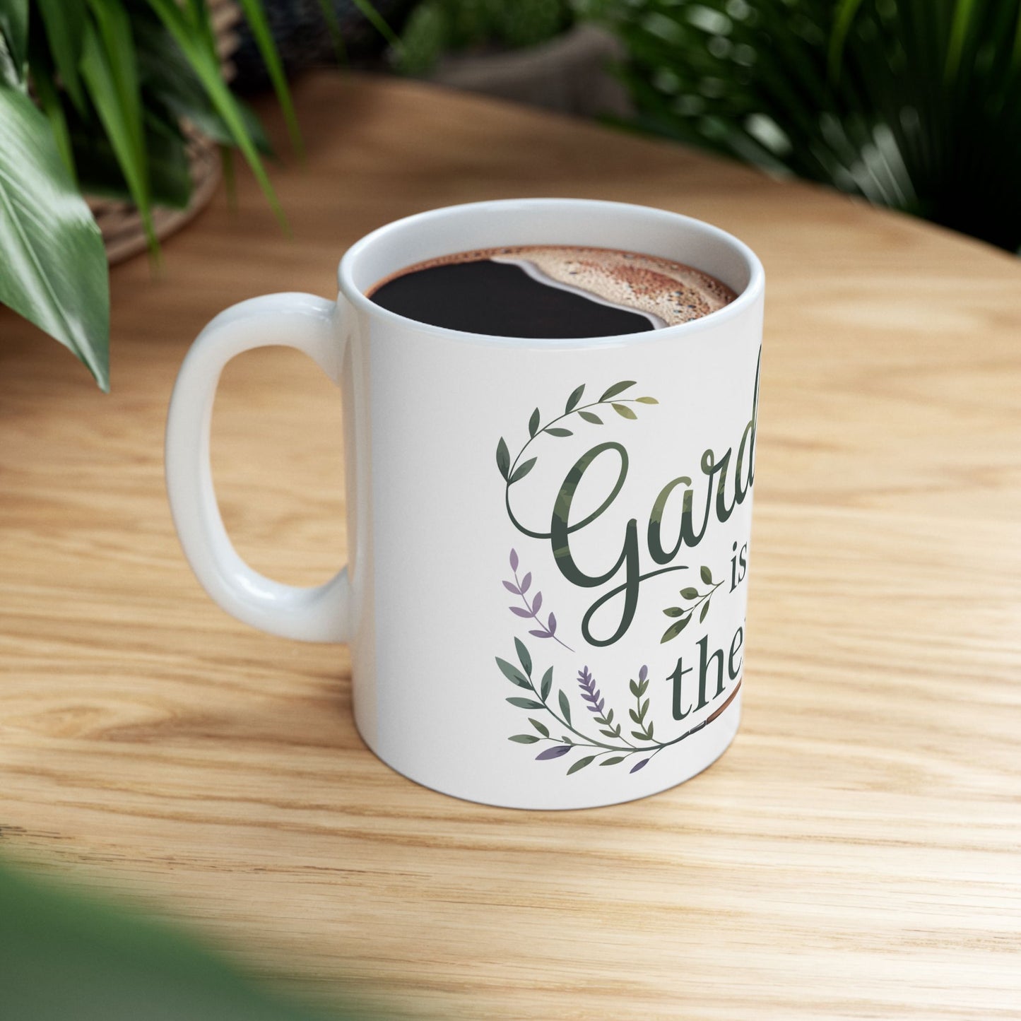 TEEZOCA ceramic mug displaying Gardening Is My Therapy with flowers and garden tool