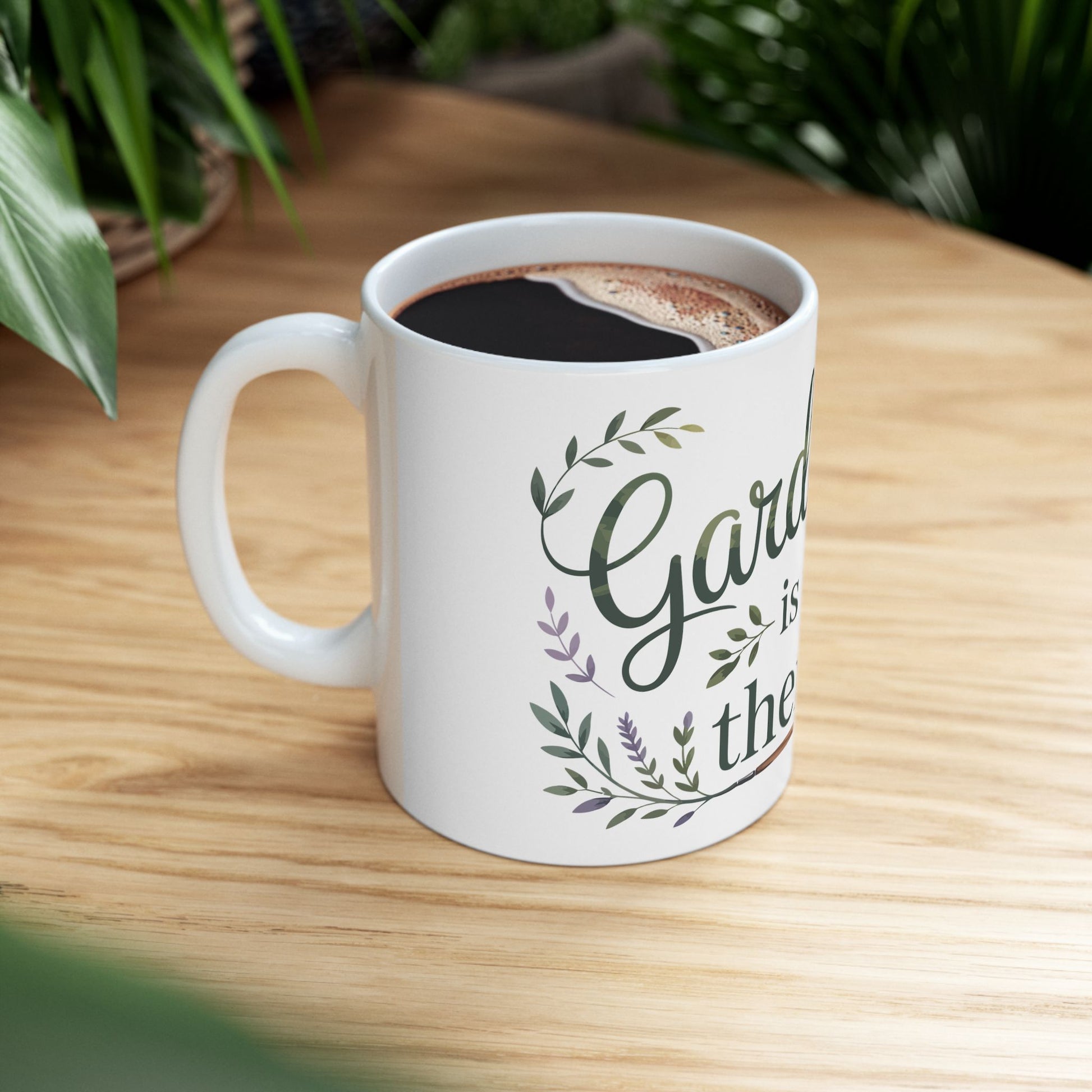TEEZOCA ceramic mug displaying Gardening Is My Therapy with flowers and garden tool