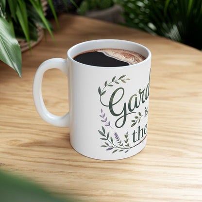 TEEZOCA ceramic mug displaying Gardening Is My Therapy with flowers and garden tool