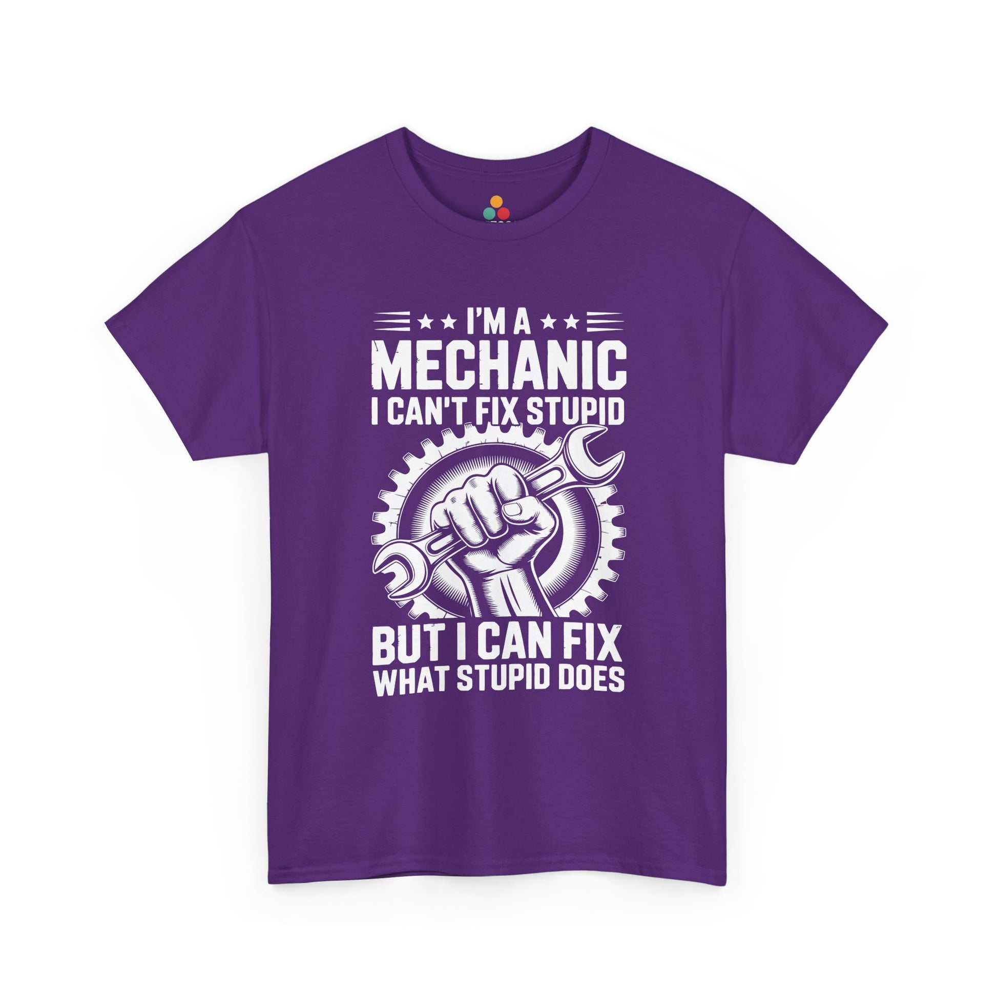 “Teezoca mechanic humor t-shirt, white gear and wrench design with sarcastic text, purple tee, flat front display.”

