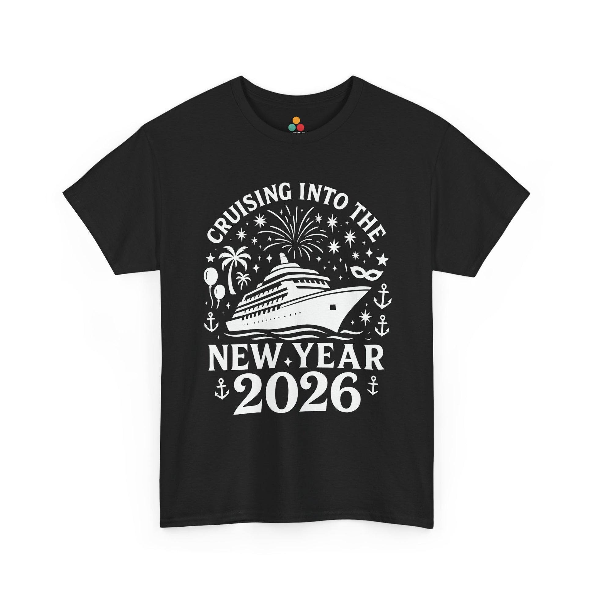 Black t-shirt with New Year 2026 cruise design on a white background