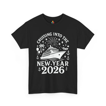 Black t-shirt with New Year 2026 cruise design on a white background