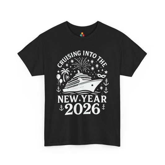 Black t-shirt with New Year 2026 cruise design on a white background