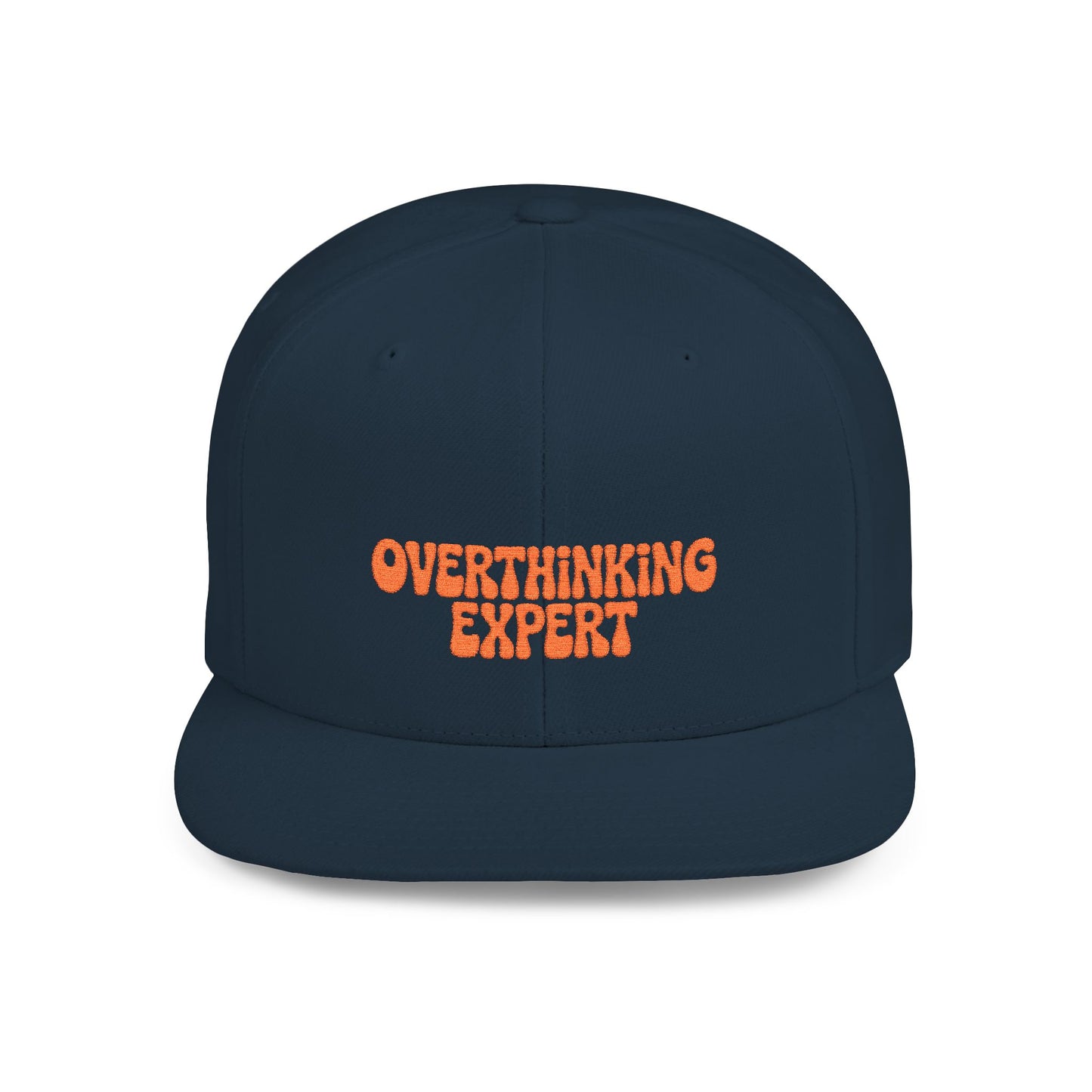 Navy blue cap with 'Overthinking Expert' text in orange on a white background