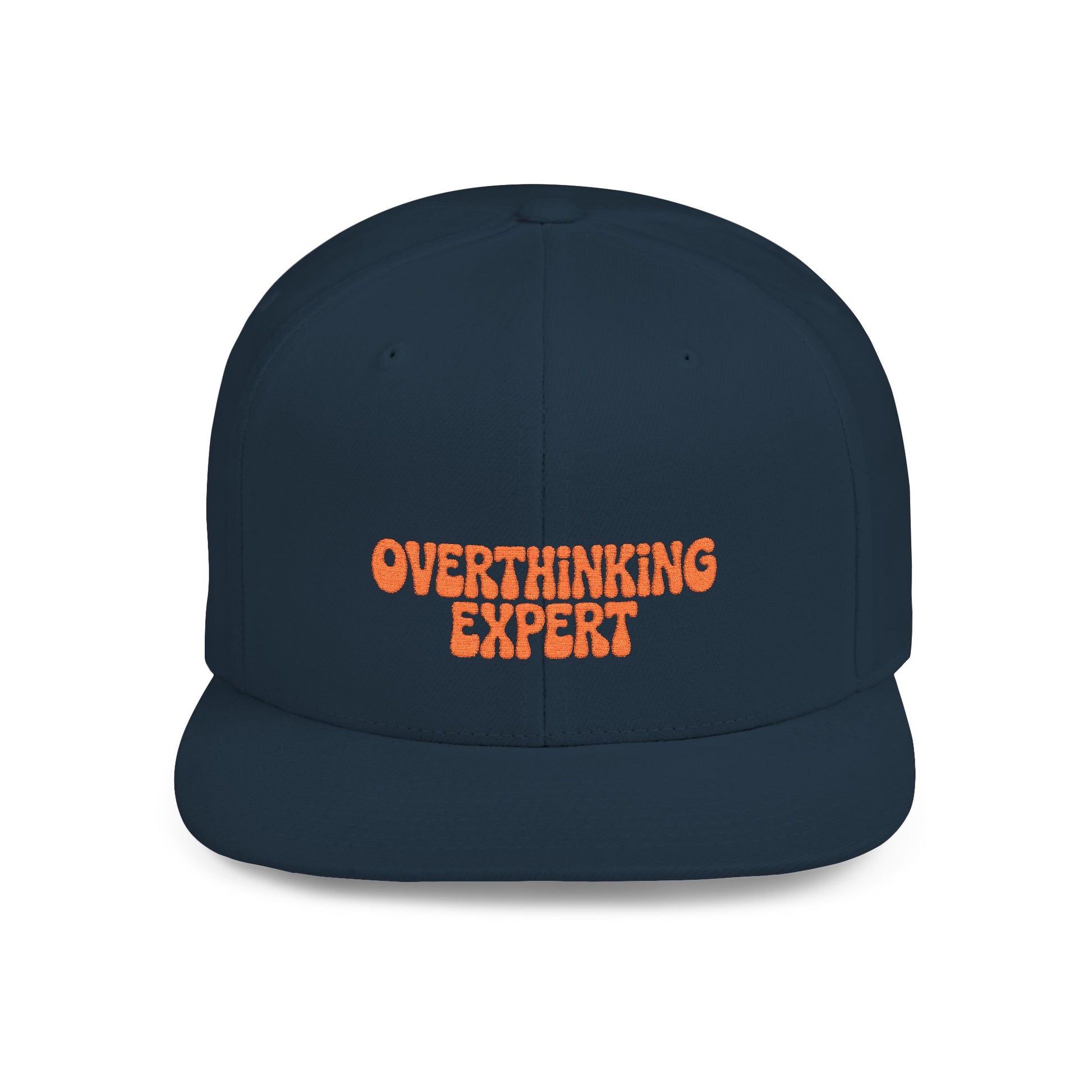 Navy blue cap with 'Overthinking Expert' text in orange on a white background