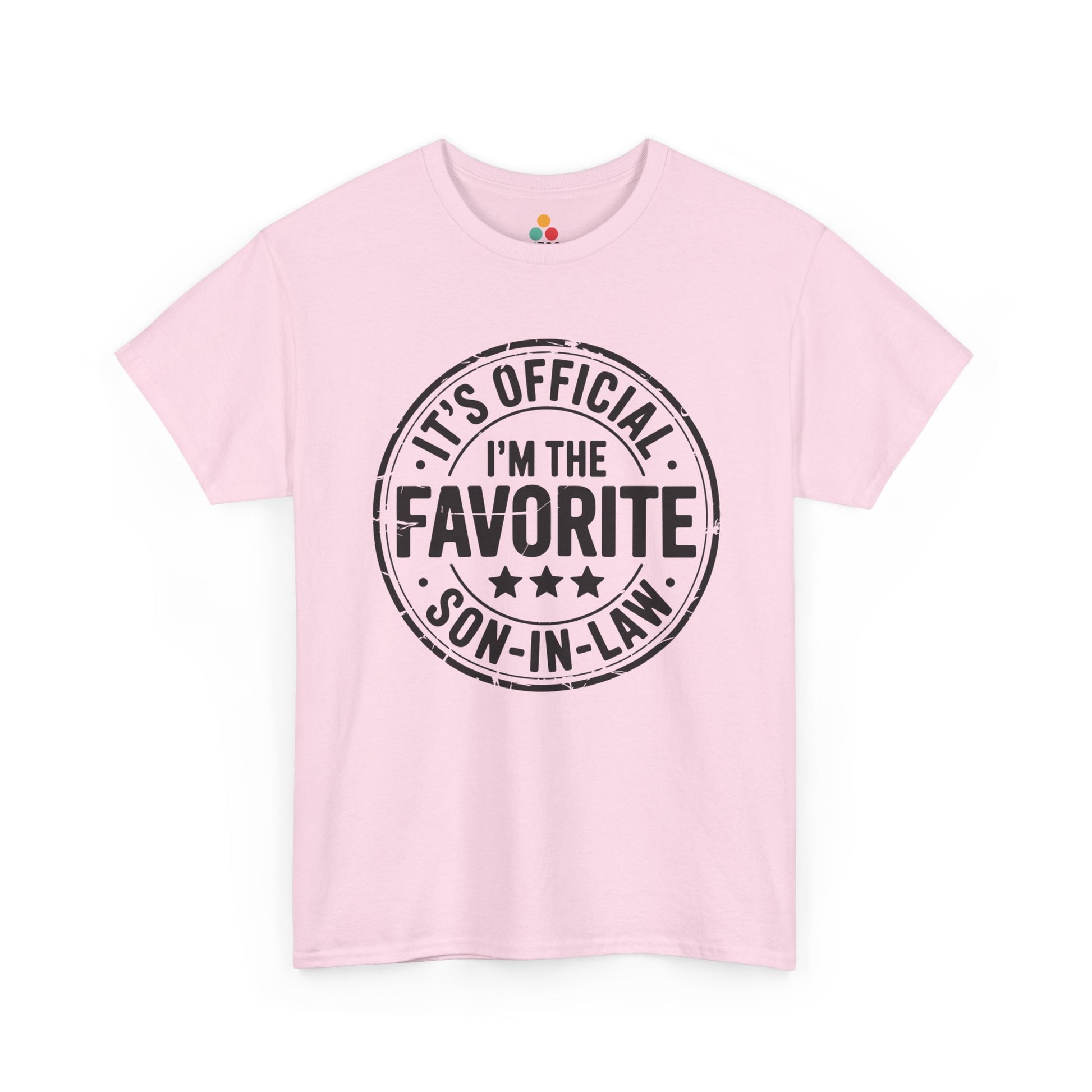 TEEZOCA pink “It’s Official I’m The Favorite Son‑in‑Law” playful in‑law gift t‑shirt shown flat.