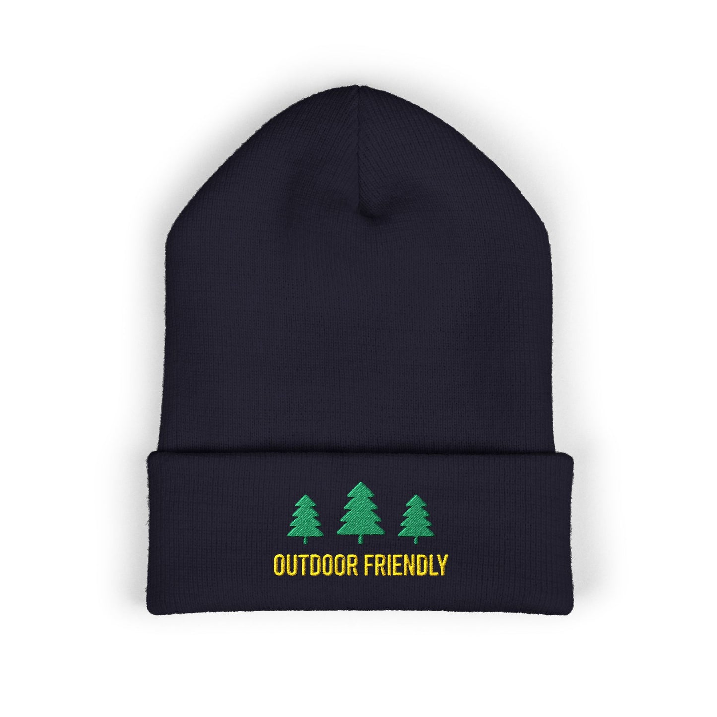 Black beanie with green trees and 'Outdoor Friendly' text on a white background