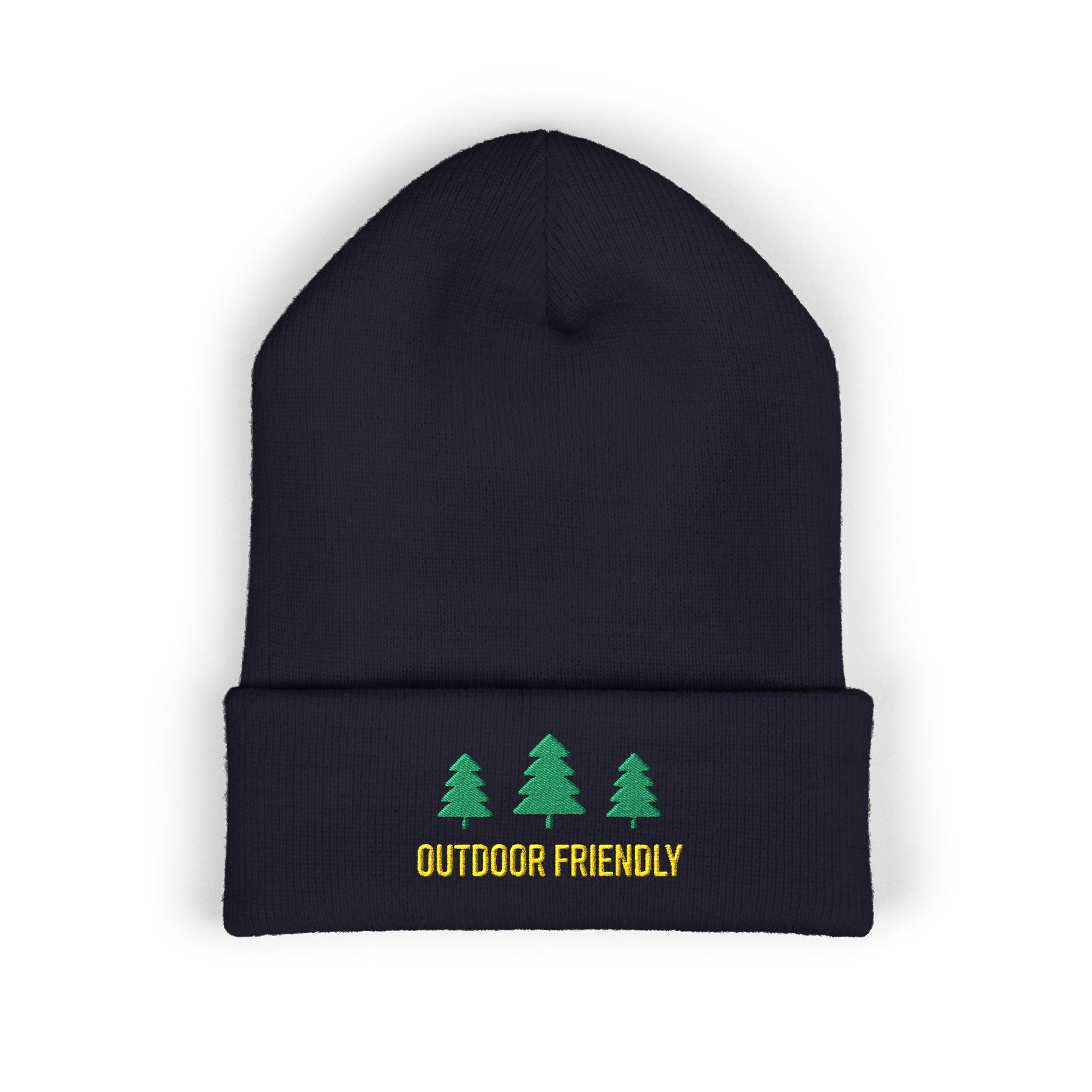 Black beanie with green trees and 'Outdoor Friendly' text on a white background
