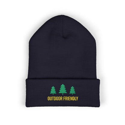 Black beanie with green trees and 'Outdoor Friendly' text on a white background