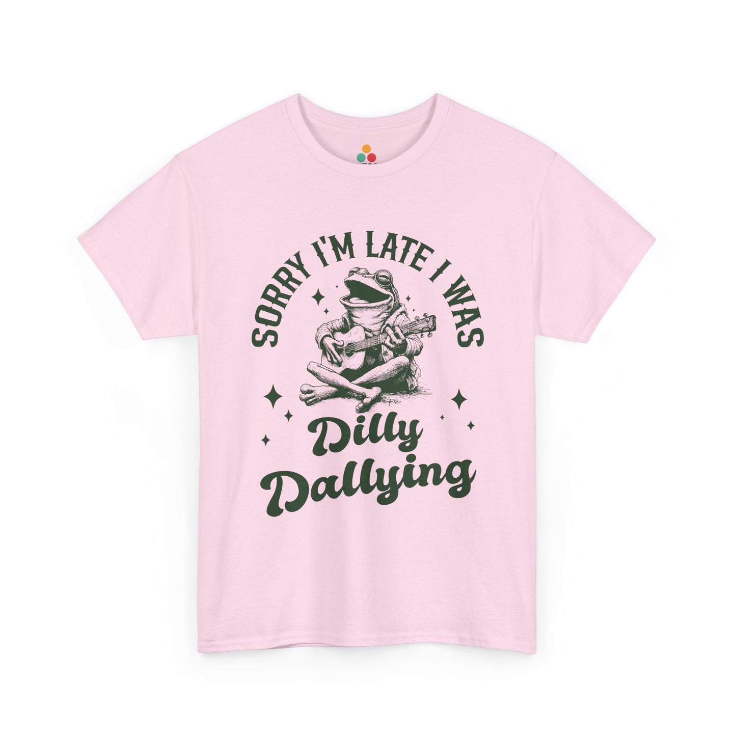 Pink t-shirt with a frog graphic and text on a white background