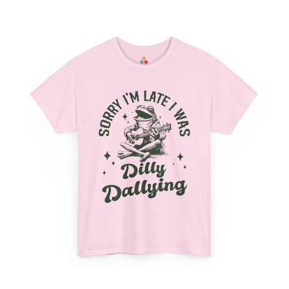 Pink t-shirt with a frog graphic and text on a white background