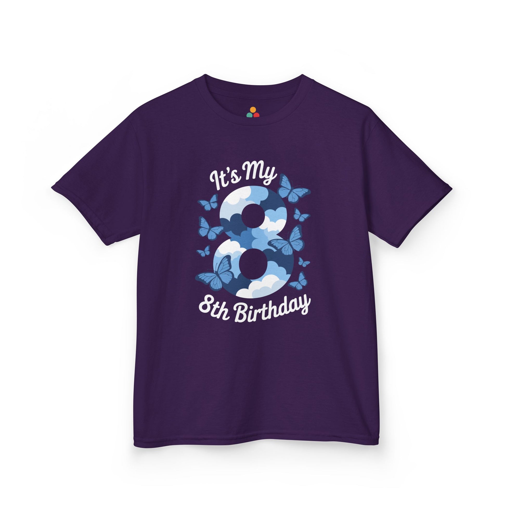 “Purple ‘It’s My 8th Birthday’ shirt, large blue cloud number 8 surrounded by butterflies, flat front.”

