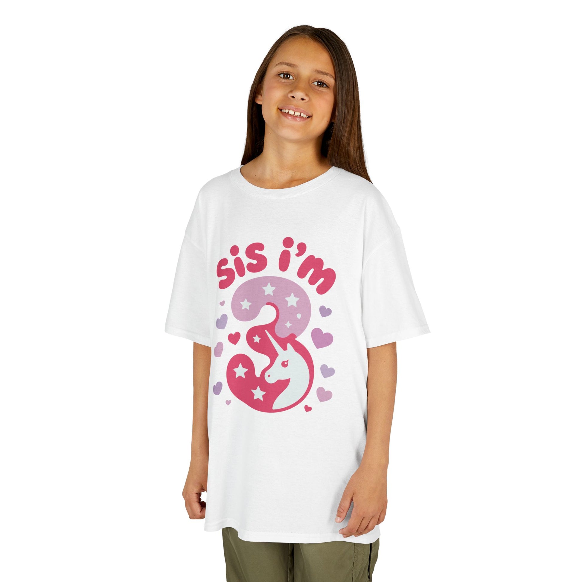 "Girl wearing white 'Sis I'm 3' unicorn third birthday t‑shirt, front view."

