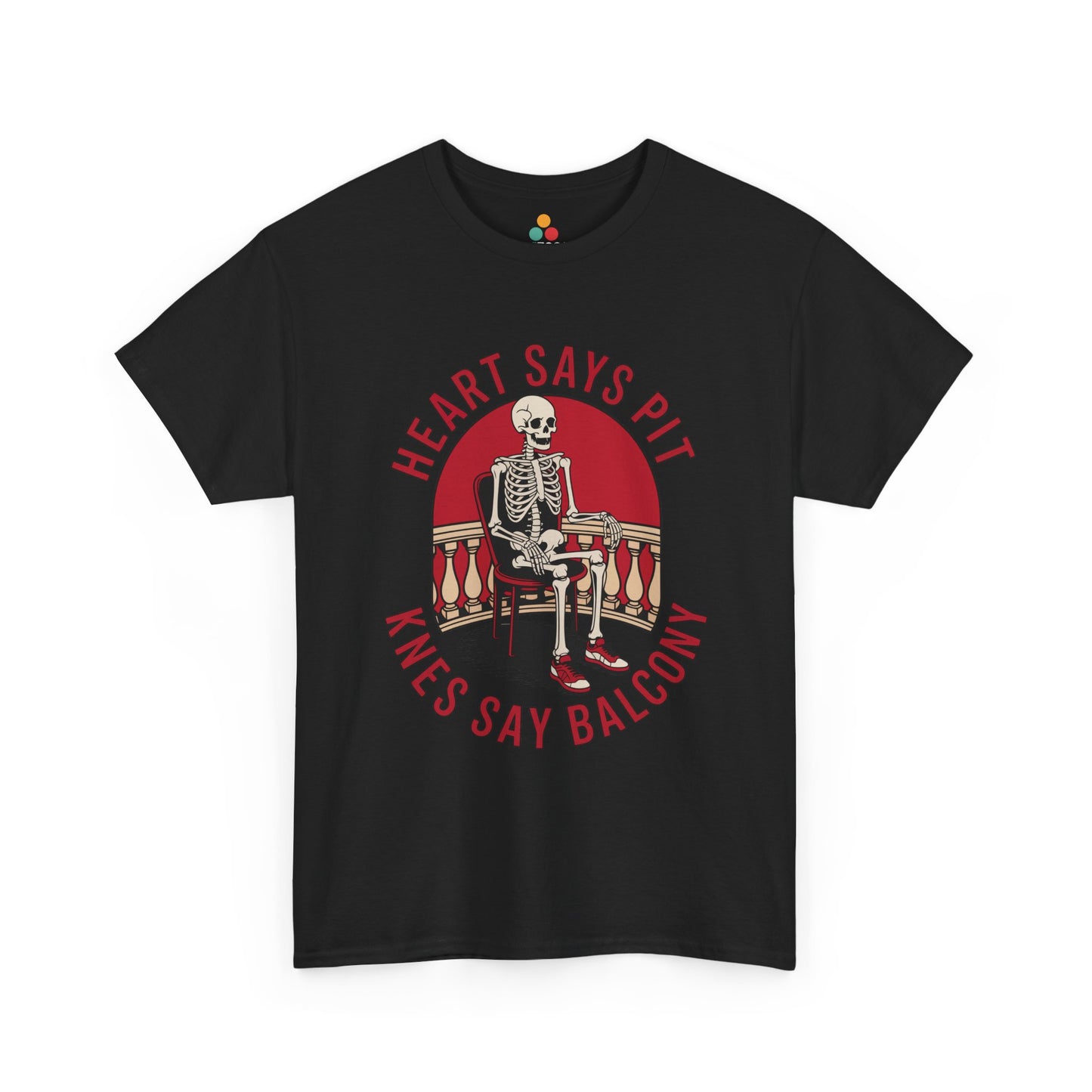 Black t-shirt mockup with skeleton chair red circle “Heart Says Pit Knees Say Balcony” design, front print.