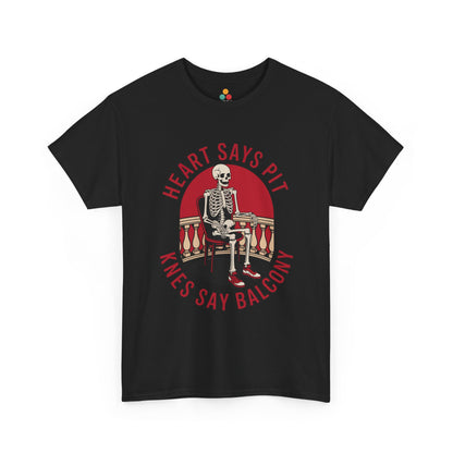 Black t-shirt mockup with skeleton chair red circle “Heart Says Pit Knees Say Balcony” design, front print.