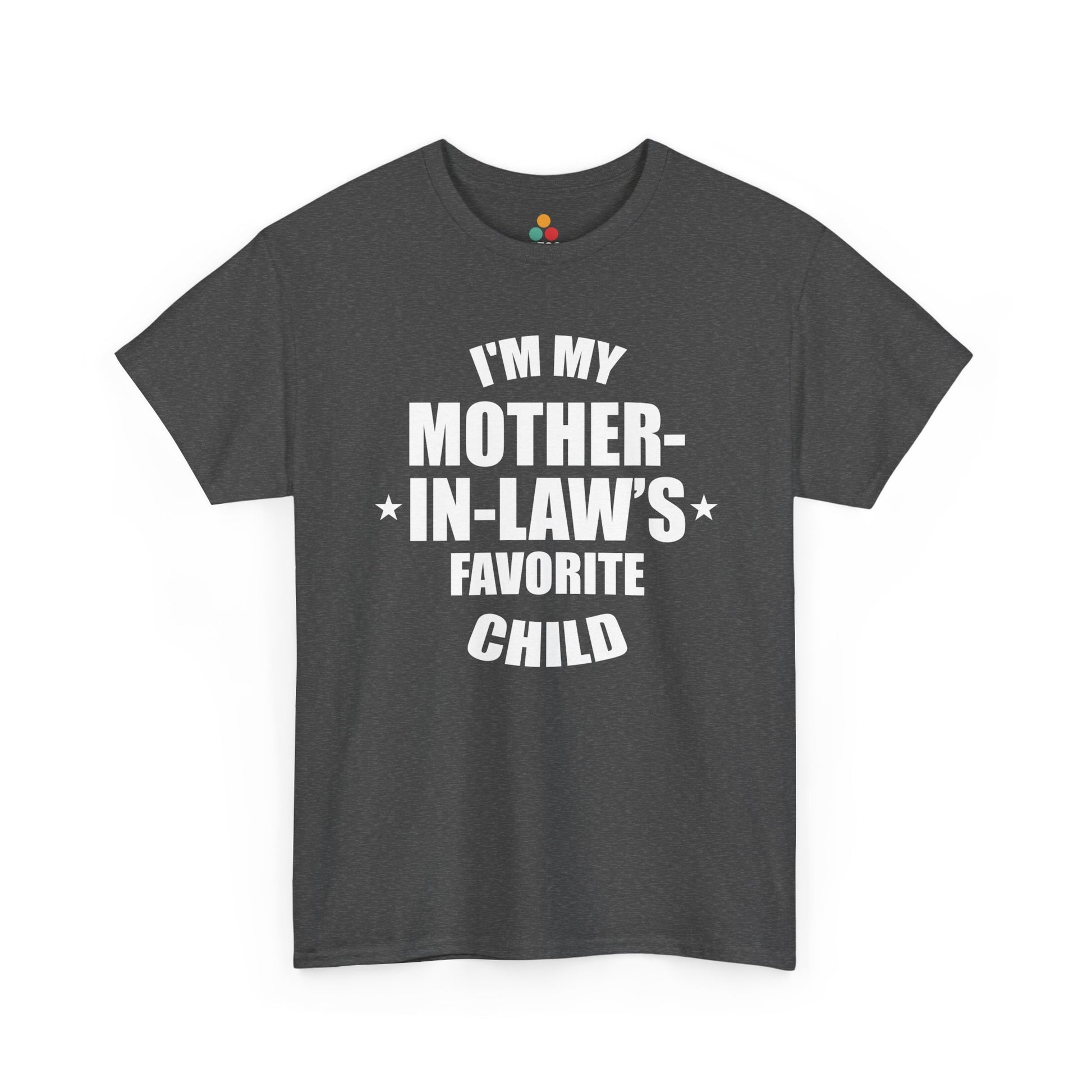 “Dark heather gray ‘I’m My Mother‑In‑Law’s Favorite Child’ graphic t‑shirt, flat front.”

