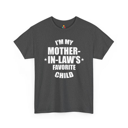 “Dark heather gray ‘I’m My Mother‑In‑Law’s Favorite Child’ graphic t‑shirt, flat front.”

