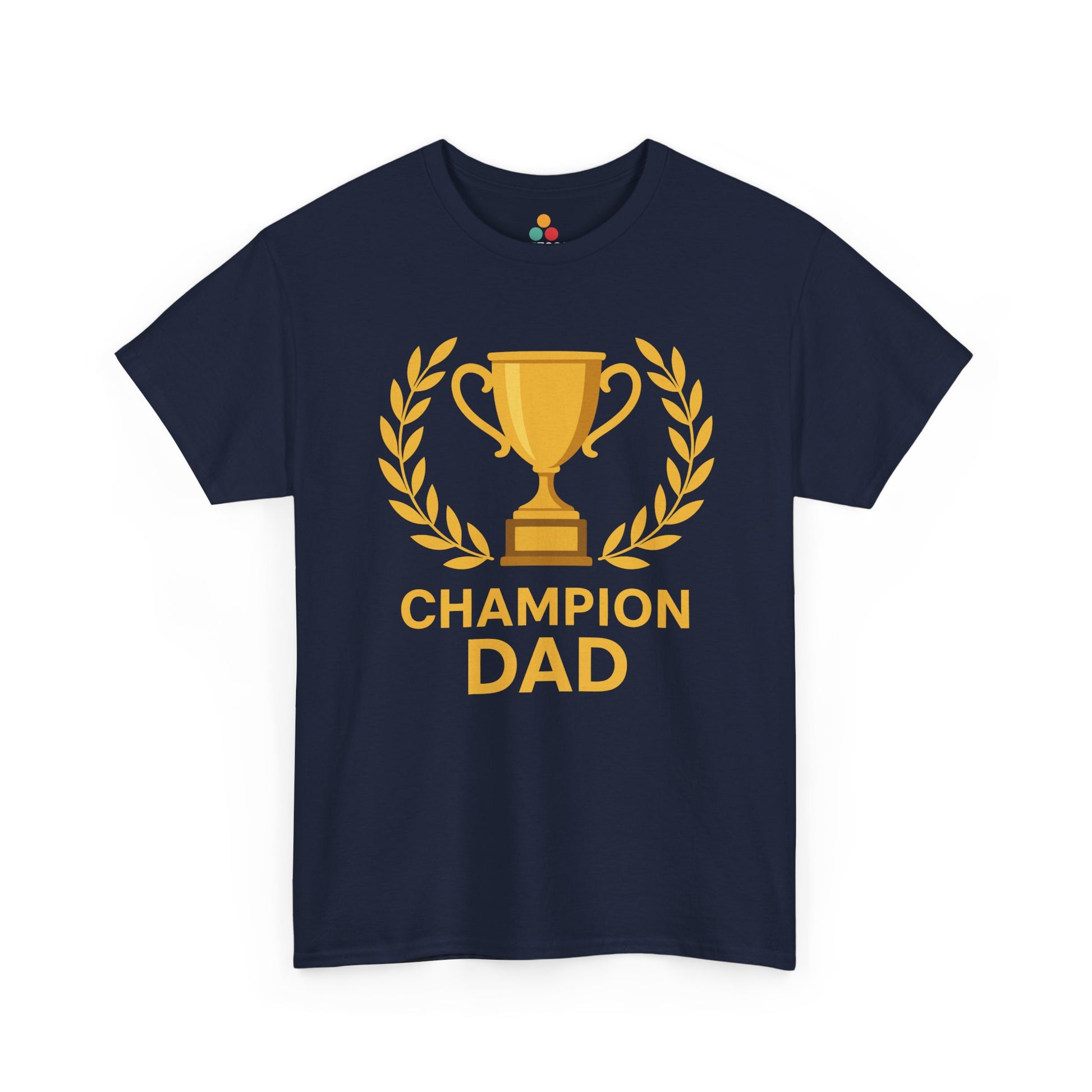Navy blue t-shirt with 'Champion Dad' graphic on a white background