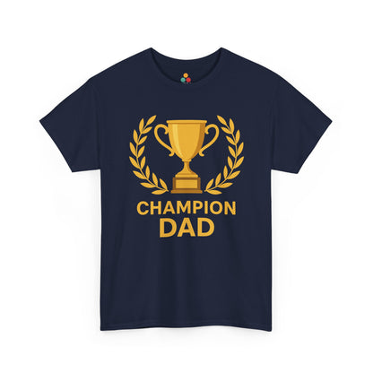 Navy blue t-shirt with 'Champion Dad' graphic on a white background