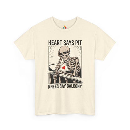  Cream t-shirt mockup with “Heart Says Pit Knees Say Balcony” skeleton balcony quote graphic, front print.