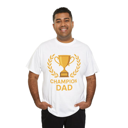 “Man wearing white ‘Level Up: Dad (Expert)’ gamer trophy t‑shirt, front view.”

