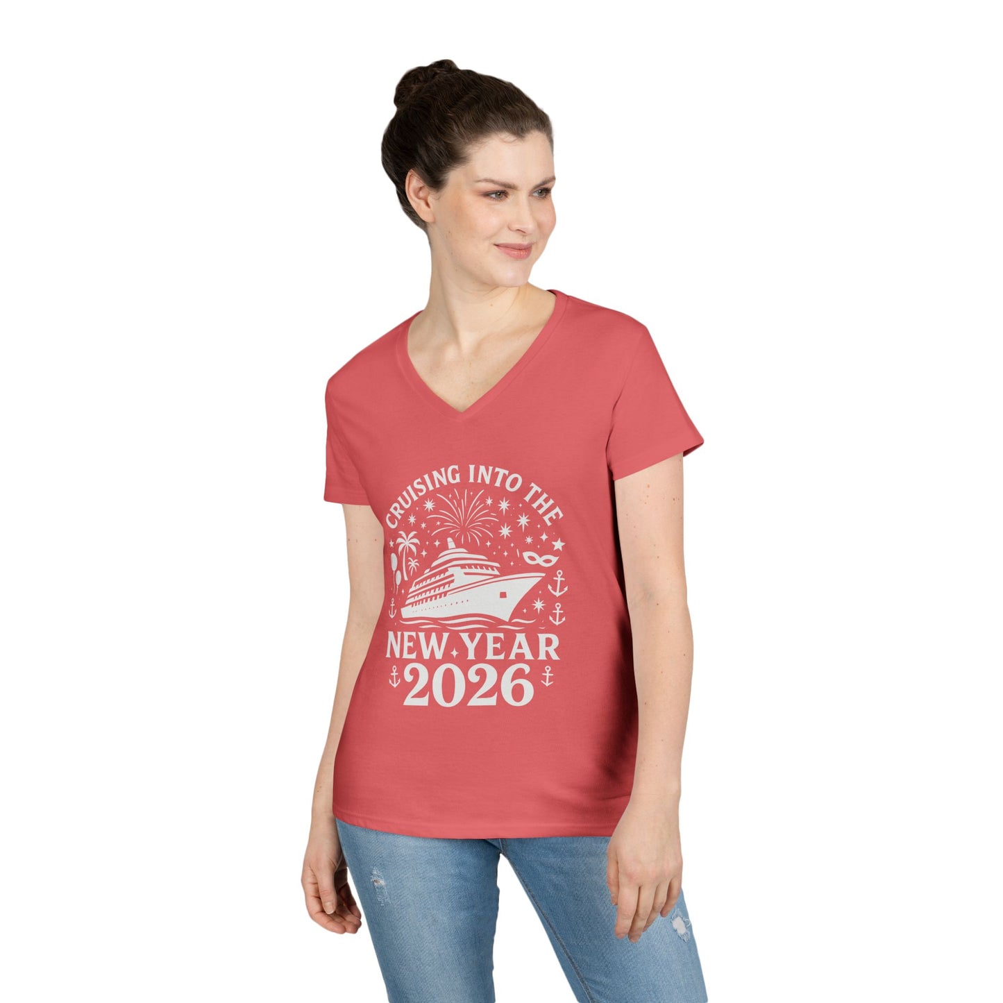 Woman wearing a red t-shirt with New Year's 2026 design on a white background