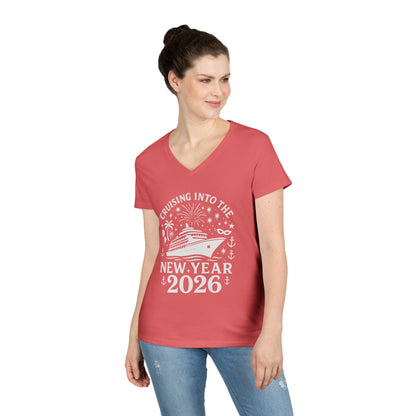 Woman wearing a red t-shirt with New Year's 2026 design on a white background