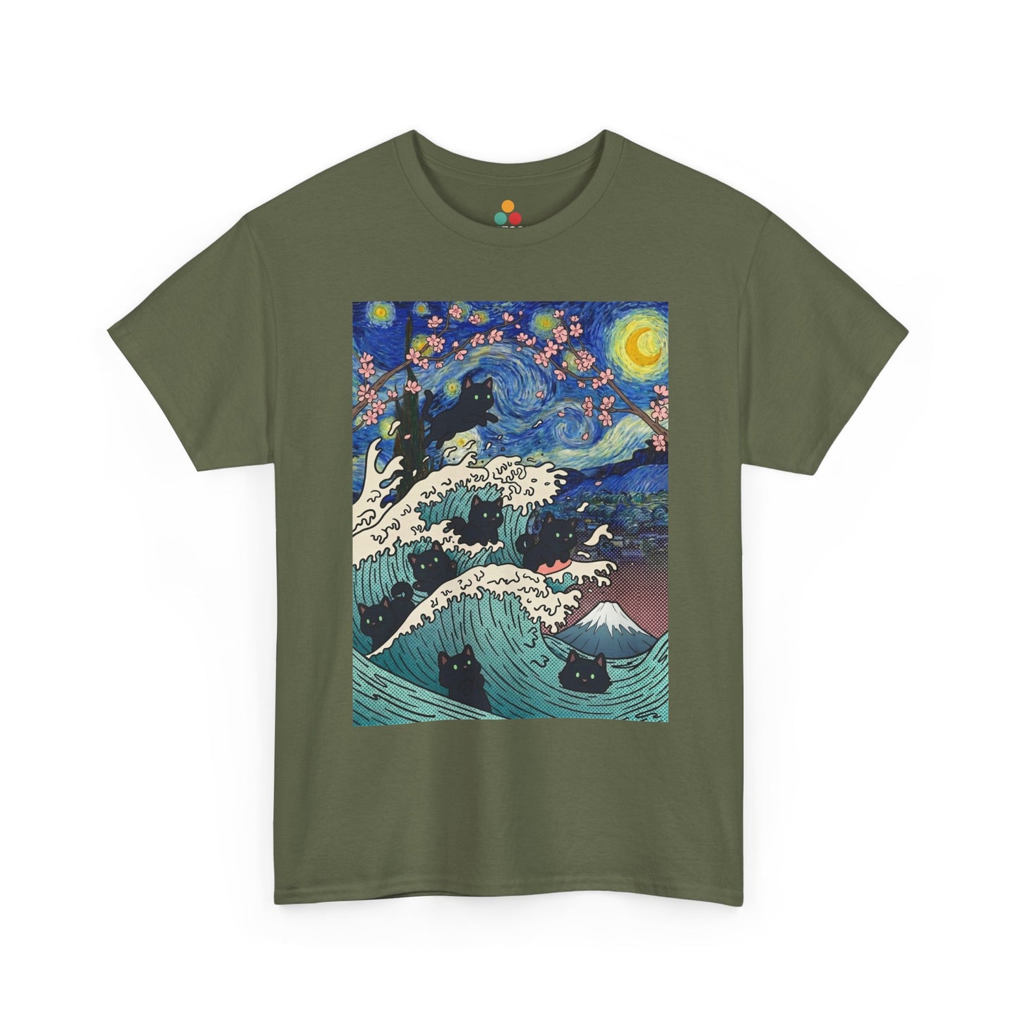 Van Gogh Starry Night Black Cat Wave T-Shirt – Aesthetic Impressionism Inspired Fine Art Tee | TEEZOCA 