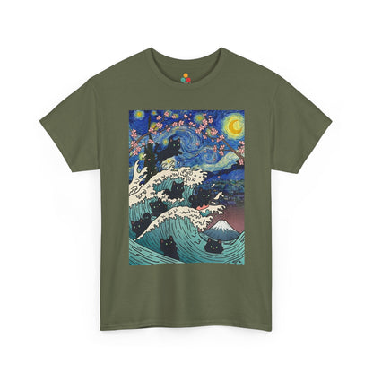 Van Gogh Starry Night Black Cat Wave T-Shirt – Aesthetic Impressionism Inspired Fine Art Tee | TEEZOCA 
