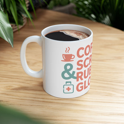 TEEZOCA mug with Coffee Scrubs & Rubber Gloves design expressing healthcare lifestyle