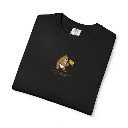 Close-up of a Comfort Colors® Black shirt featuring an embroidered grumpy bear holding a "Do Not Enter" flag with the saying "Huzzah! I Have Claimed This Territory.

