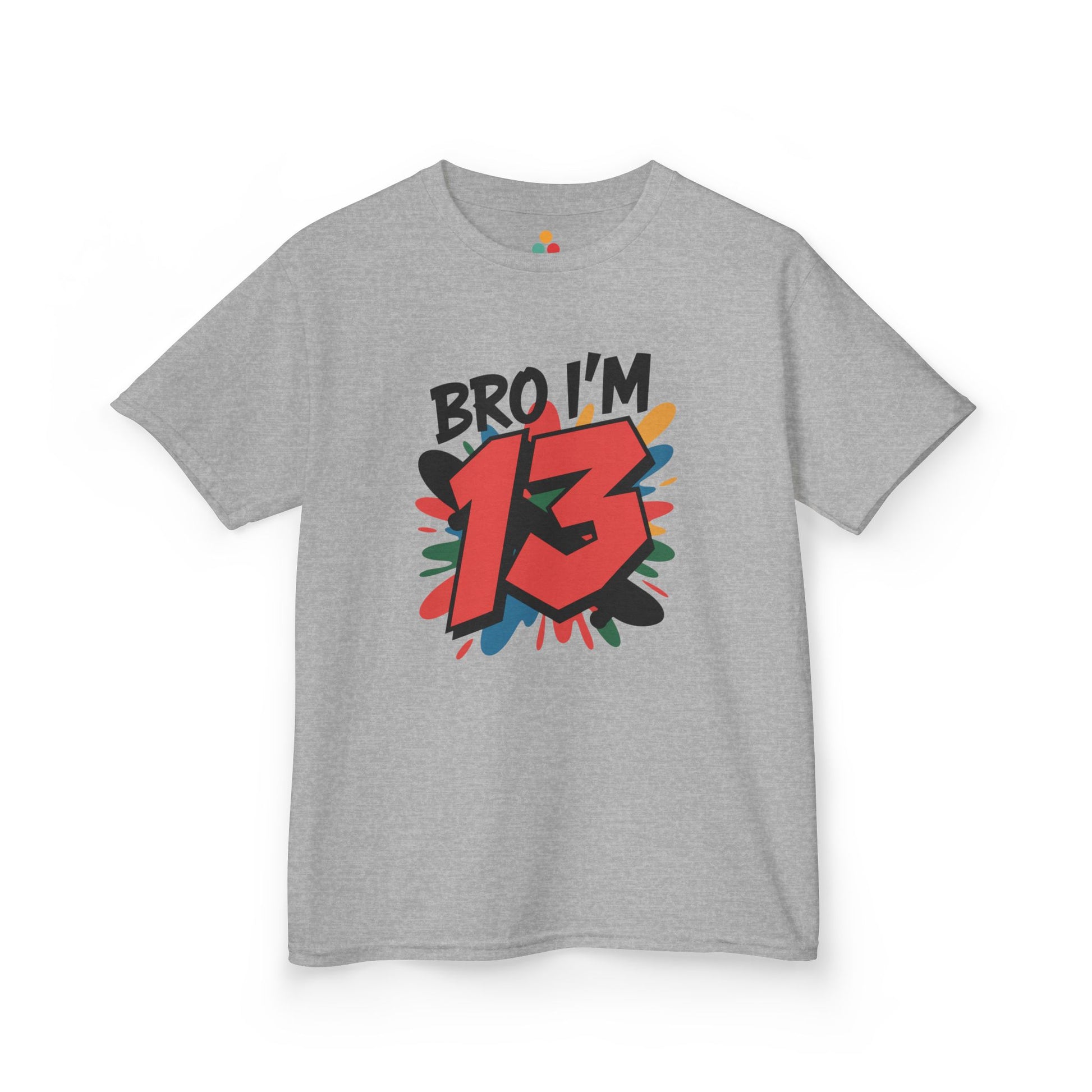 Sport grey kids’ t‑shirt with “Bro I’m 13” graffiti text, big red 13, and multicolor paint splash, flat front view.