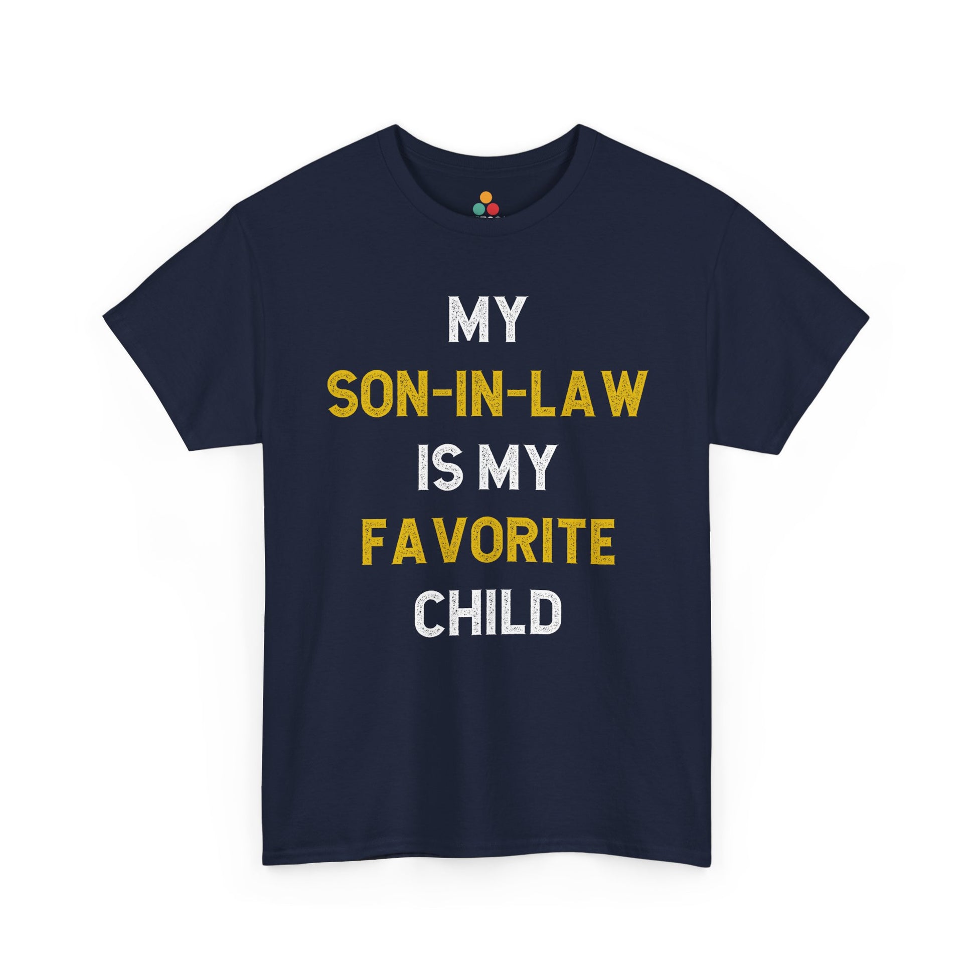 TEEZOCA navy “My Son‑In‑Law Is My Favorite Child” funny family graphic t‑shirt displayed flat.