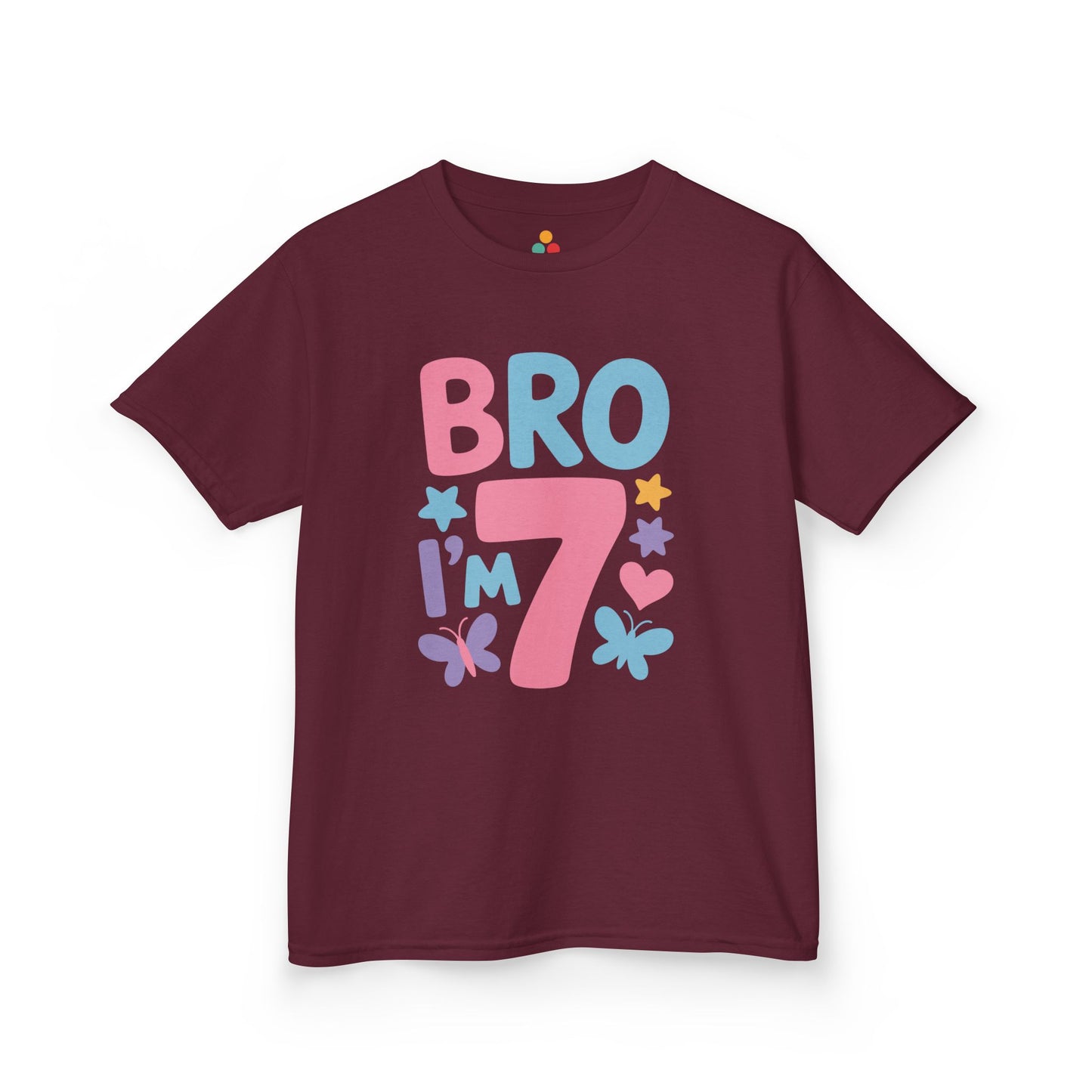 "Maroon Teezoca Bro I'm 7 colorful sibling shirt, fun birthday flower graphic, front view."

