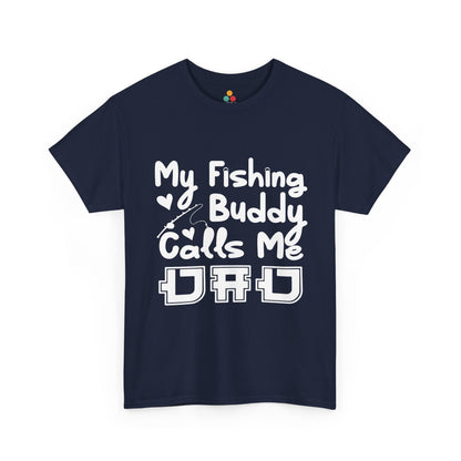 “My Fishing Buddy Calls Me Dad navy blue t‑shirt mockup, clean white fishing buddy quote artwork, unisex casual style front view – Teezoca ecommerce product image.”